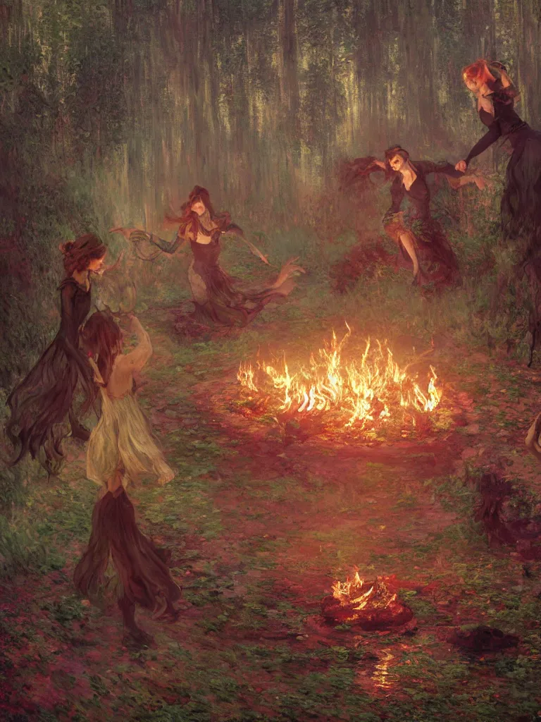 Image similar to illustration studio portrait of witches dancing and floating around a big firepit in artistic poses at the forest in a witch's dark coven, monet painterly motives and textures pattern, hyper detailed, octane render, vivid colors, artstation, by jeremy mann, by alphonse mucha, by monet