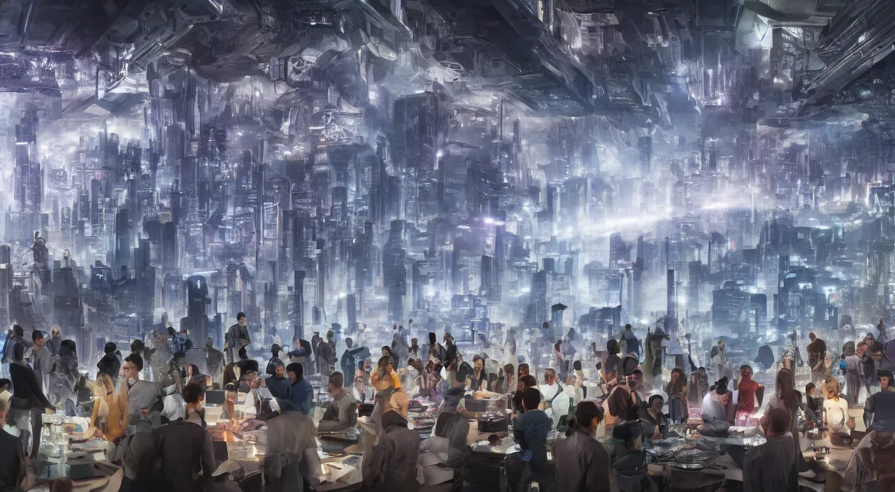 Image similar to large group people in a huge warehouse, looking at hologram of futuristic city on a table | cinematic concept art | godrays | 4 k | clear details | tabletop model | tabletop | hologram foreground