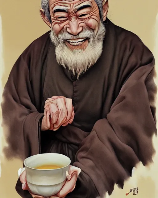 Prompt: real life Uncle Iroh smiling, drinking tea, beautiful, very detailed, hyperrealistic, medium shot, very detailed painting by Glenn Fabry, by Joao Ruas