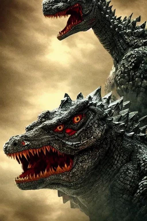 Image similar to Godzilla, kaiju, beast, crocodile, sharp teeth, scary look, angry