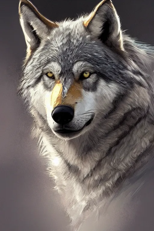 Image similar to portrait of a gray wolf, intricate, elegant, highly detailed, digital painting, artstation, concept art, smooth, sharp focus, illustration, art by Krenz Cushart and Artem Demura and alphonse mucha