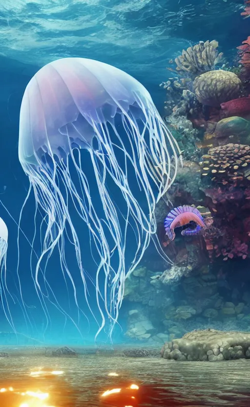 Image similar to giant glowing jellyfish made of fish with a transparent wet shell, watching over a sunken ancient city, photorealistic, 4K detailed post-processing, cinematic light, intricate detail, octane render