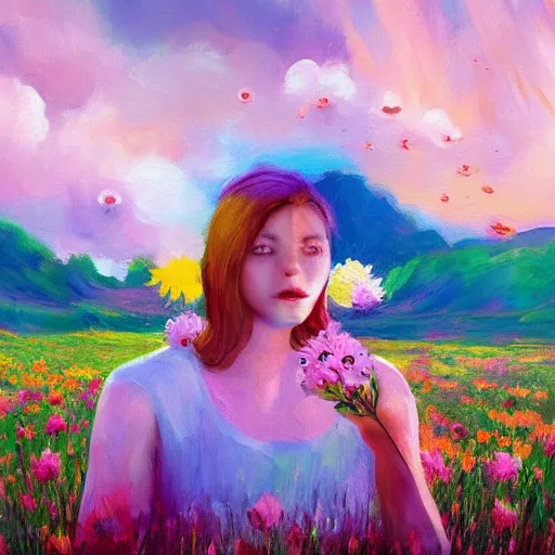 Image similar to girl with a flower face, surreal photography, dream, standing in flower field, magical, in a valley, sunrise dramatic light, impressionist painting, colorful clouds, artstation, simon stalenhag, flower as face