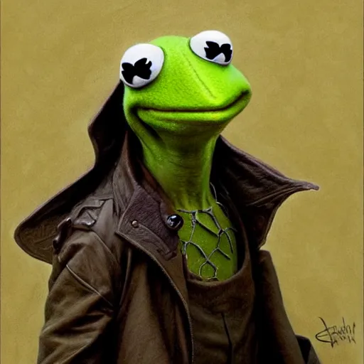 Image similar to full portrait of kermit the frog in the matrix, fantasy, d & d, intricate, detailed, by by alphonse mucha, adolfo hohenstein, alice russell glenny, stanley artgerm lau, greg rutkowski, detailed, trending on artstation, trending on artstation, smooth