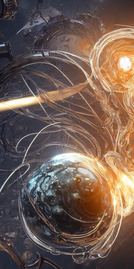 Image similar to swirling abstract cyborg parts and bio - mechanical tendrils and ornate flowing smoke streams and liquid light streaks surround a small metallic sphere, cinematic, unreal engine