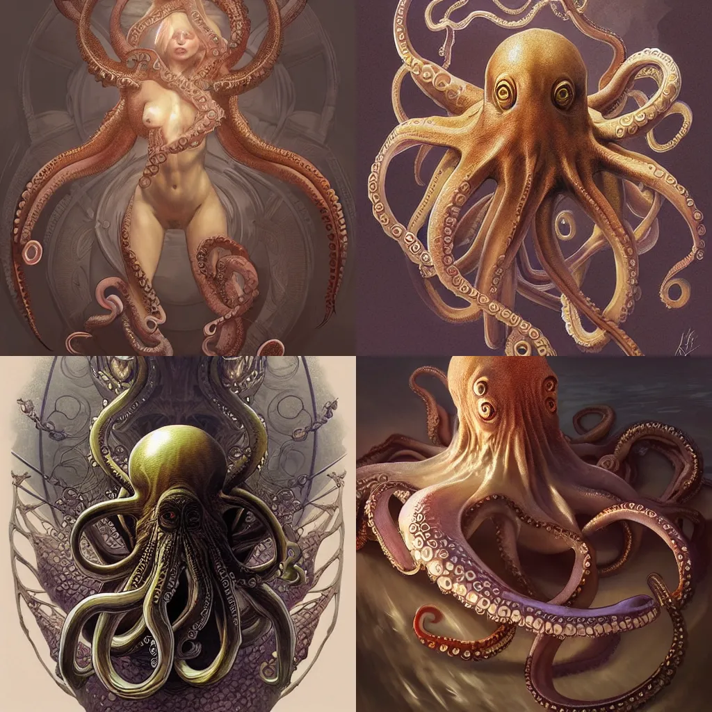 Prompt: an octopus made of human hands, D&D, fantasy, intricate, elegant, highly detailed, digital painting, artstation, concept art, smooth, sharp focus, illustration, art by artgerm and greg rutkowski and alphonse mucha