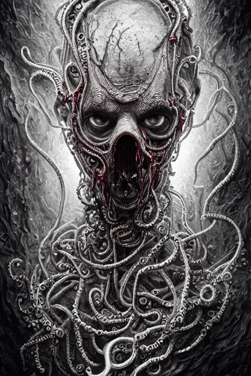 Prompt: realistic portrait of beautifully crystalized and detailed portrait of a biomech zombie with gasmask, tentacles, tendrils, eldritch, matte painting of cinematic movie scene red dragon, horror, created by gustave dore and greg rutkowski, high detailed, smooth draw, synthwave neon retro, intricate, realistic proportions, dramatic lighting, trending on artstation.