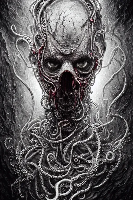 Image similar to realistic portrait of beautifully crystalized and detailed portrait of a biomech zombie with gasmask, tentacles, tendrils, eldritch, matte painting of cinematic movie scene red dragon, horror, created by gustave dore and greg rutkowski, high detailed, smooth draw, synthwave neon retro, intricate, realistic proportions, dramatic lighting, trending on artstation.