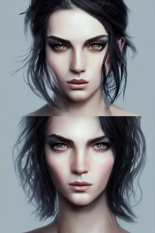 Image similar to ultra realistic style illustration of an androgynous gorgeous fae with shoulder length black hair pale skin and beautiful eyes, headshot, sci - fi, fantasy, intricate, elegant, highly detailed, digital painting, artstation, concept art, smooth, sharp focus, illustration, 8 k frostbite 3 engine, ultra detailed