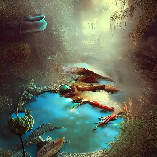 Image similar to beautiful symmetrical an old silent pond frog jumps into the pond splash! silence again, surrounded by machine axonometric fantasy intricate elegant highly detailed in volumetric void of latent space lush flowers surround, realm of the gods golden turquoise steampunk, high contrast cinematic light, mystical shadows, octane render, photographic, concept art, art high renaissance art, unreal engine 8 k