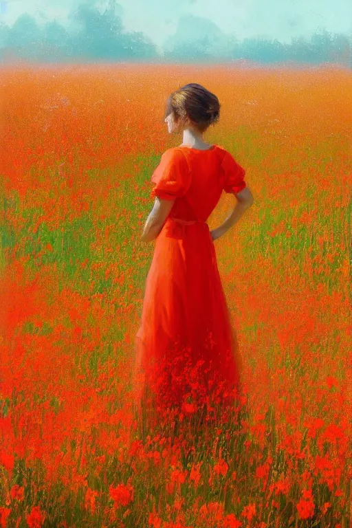 Prompt: a painting of a woman in an orange dress standing in a field of red flowers by craig mullins, trending on artstation, color field, concept art, artstation hd, matte drawing