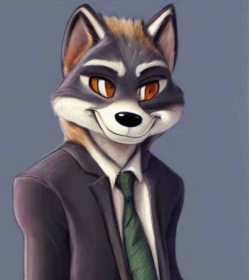 Image similar to oil painting of anthromorphic furry female wolf, in style of zootopia, female fursona, furry, furaffinity, 4 k, deviantart, furry art, fursona art, wearing black business suit, business suit, wolf fursona, female, smug expression,
