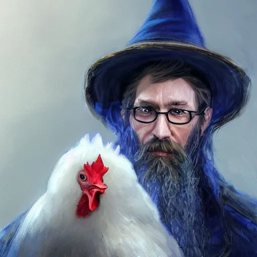 Prompt: a portrait of a wizard with his pet chicken by Johan Grenier, confused facial expression, blue robe, long beard, ArtStation, realistic, detailed