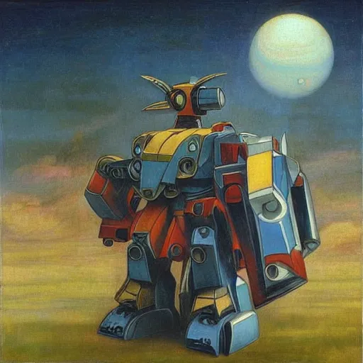 Image similar to “pre-Raphaelite painting of a voltron robot”