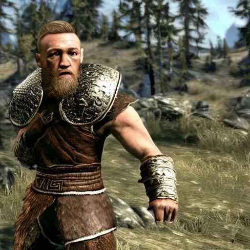 Image similar to attacking screenshot of conor mcgregor in skyrim, elf armor, ps 3 graphics, npc talking, wilderness, 1 0 8 0 p, bokeh, elder scrolls v, detailed, dialog text