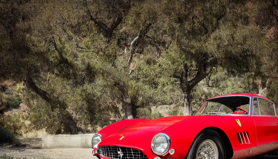 Image similar to photograph, 1958 FERRARI 250 GT, by Pete Biro, Peter Singhof, press release, cinematic, malibu canyon, 8k, depth of field, bokeh. rule of thirds, copper paint