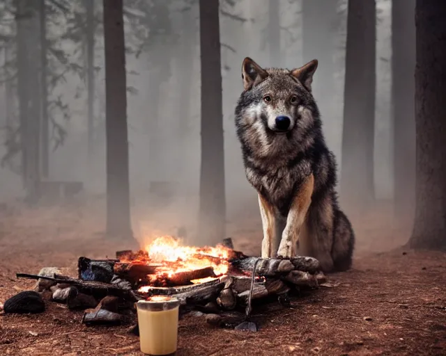 Image similar to spartan drinking tea at campfire with trichocereus background and smoke haze, wolf howling at full moon, photo in the style of the celestine prophecy