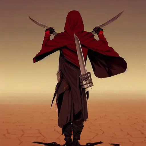 Prompt: view from the back shadow warrior holding twin swords, male villian, full body worn out torn cape, red hoodie, worn out clothes, floating spiral sand, desert, full body shot, anime style, 90's modern art, art by artgerm and greg rutkowski and alphonse mucha