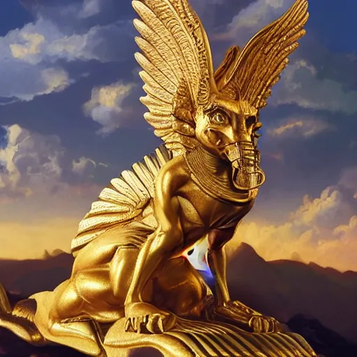 Prompt: modernist jeff koons style neverending story winged sphinx, ultra realistic, golden hour, concept art, intricate details, serious, highly detailed, photorealistic, octane render, 8 k, unreal engine, art by todd mcfarlane and artgerm and greg rutkowski and alphonse mucha