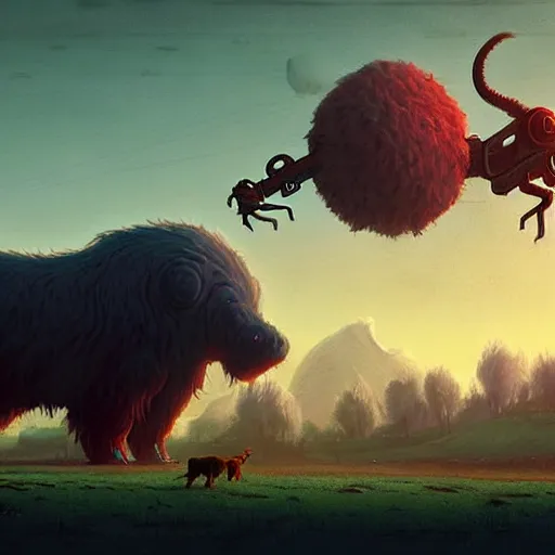 Image similar to giant furry creature lurking over a cowering smaller creature, in the foreground a small town, epic science fiction horror digital matte painting by Simon Stalenhag and Mark Brooks, extremely detailed, artstation