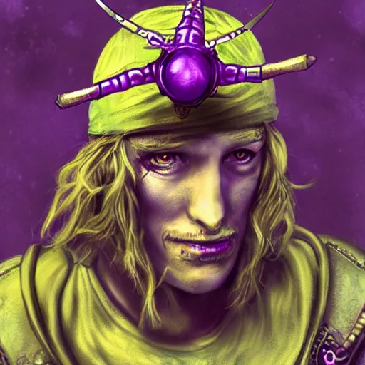 Image similar to a portrait photo of a fantasy mythical futuristic sci - fi pirate, purple themed