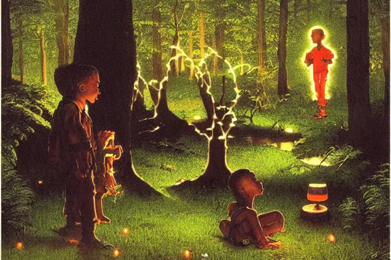 Prompt: a scenic view of a black boy talking to a ghost in the middle of a magical forest with glow-worm lights near a lake, detailed, cinematic, dramatic scene, retro illustration by Norman Rockwell.