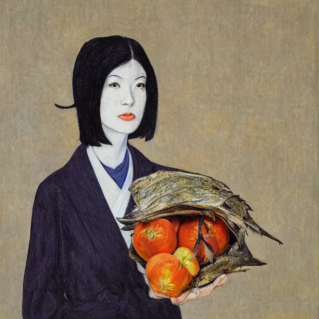 Prompt: tall emo girl artist holding a dried fish, at odawara castle, books, small portraits, persimmon, pigs, acrylic on canvas, surrealist, by magritte and monet