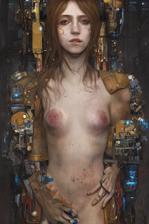 Prompt: portrait of beautiful young maiden, warhammer, cyberpunk, a lot of scars, readhead, the future ages, highly detailed, artstation, illustration, art by gustav klimt, 8 k quality