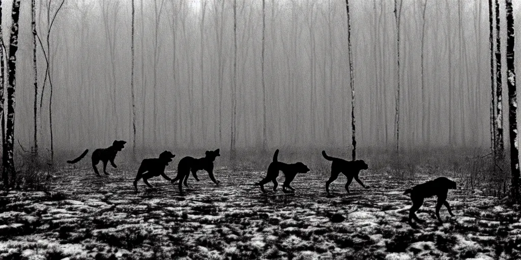 Prompt: movie still by tarkovsky crowd of hunter and crowd of dogs running 6 in a swamp snowy with birch forest backround, cinestill 8 0 0 t 3 5 mm b & w, heavy grain, high quality, noir, natural textures, photorealistic, ambient occlusion, hd, dof, mud, fog