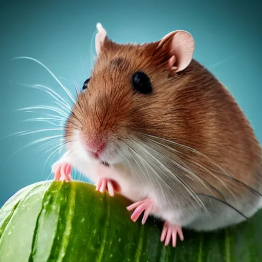 Prompt: realistic photography of a hamster riding a cucumber - photo studio - 3 points lighting