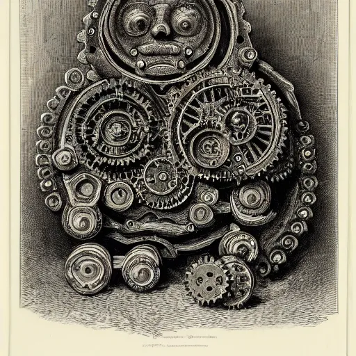 Image similar to A detailed engraving of a golem made of cogs and gears in the style of gustave dore