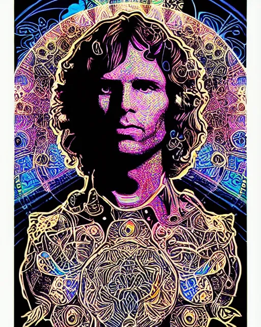 Image similar to portrait of jim morrison psychedelic blacklight poster, intricate, mushrooms, trees, by shepard fairey