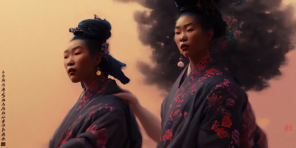 Image similar to sevhat, extremely detailed digital painting of a black woman wearing a kimono, in the style of fenghua zhong and ruan jia and jeremy lipking and peter mohrbacher, mystical colors, rim light, beautiful lighting, 8 k, stunning scene, raytracing, octane, trending on artstation