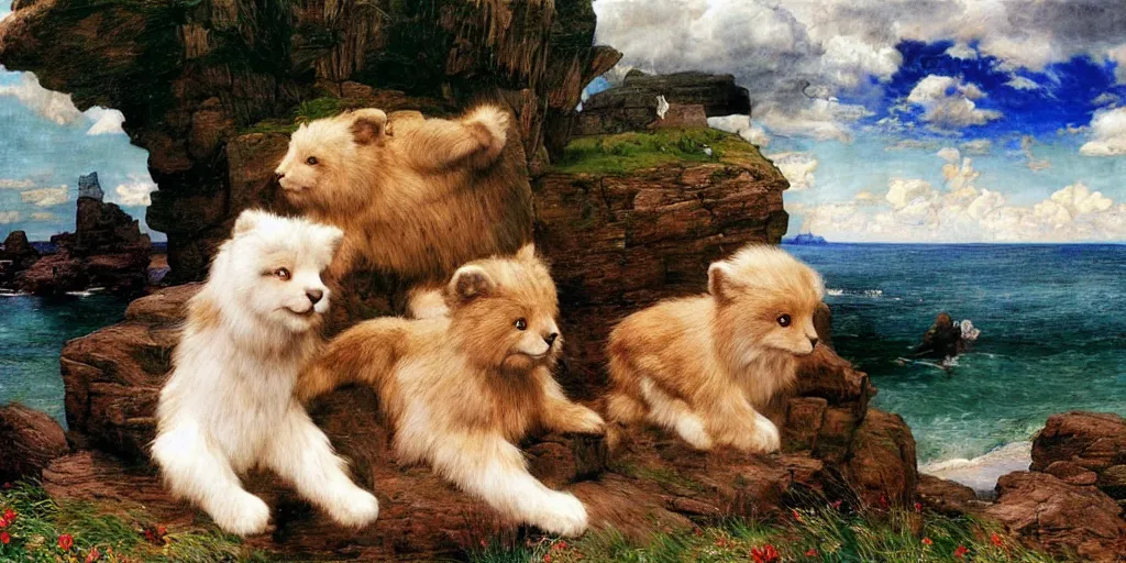 Image similar to 3 d precious moments plush animal, realistic fur, limestone cliffs bu the sea, master painter and art style of john william waterhouse and caspar david friedrich and philipp otto runge