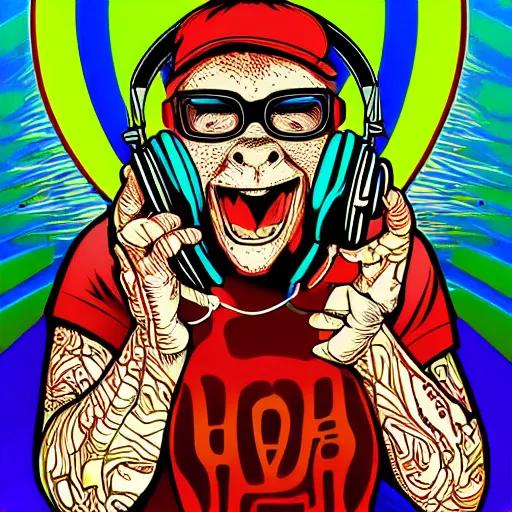 Image similar to artgerm, psychedelic laughing monkey, rocking out, headphones dj rave, digital artwork, r. crumb, svg vector