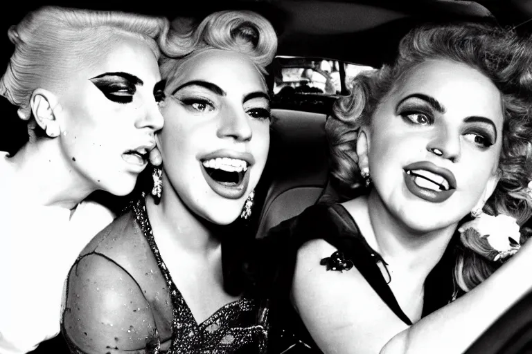 Image similar to carpool karaoke screenshot of lady gaga and judy garland, highly realistic, highly detailed, high resolution, 8 k 4 k,