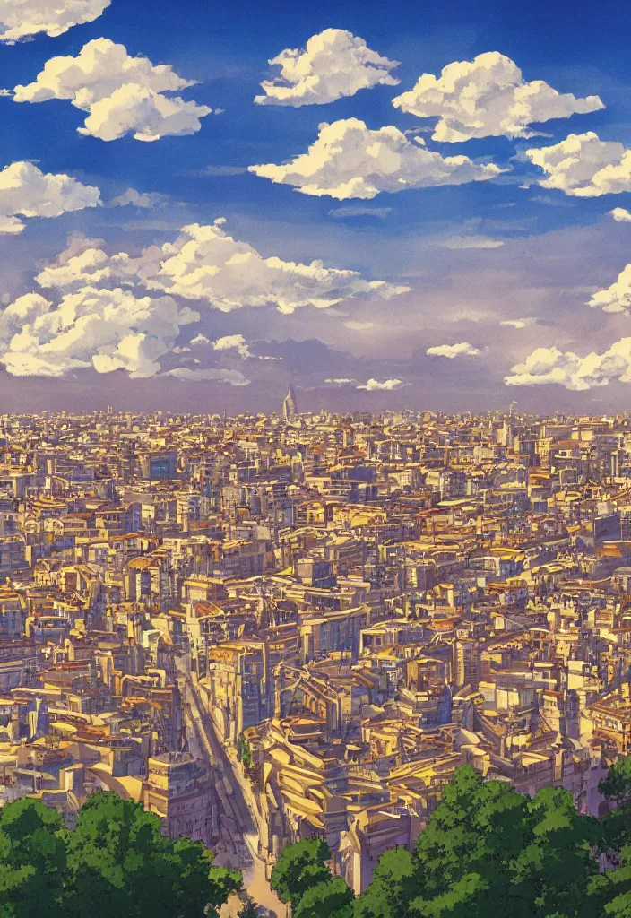 Prompt: madrid city, detailed clouds, sunbeams, heavenly color scheme, studio ghibli scheme