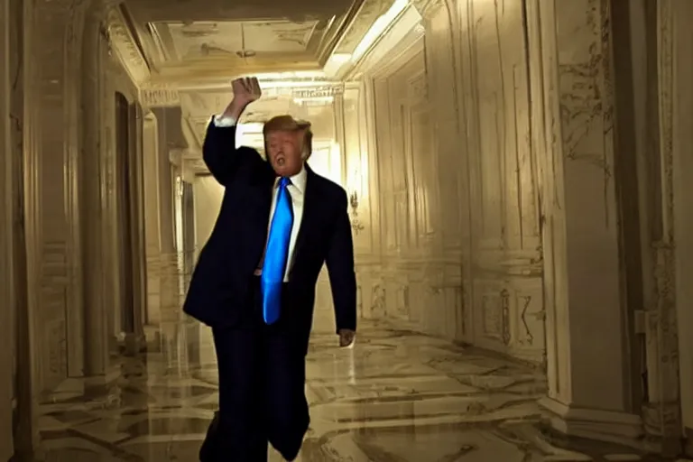 Image similar to movie still of donald trump in mission impossible ceiling, cinematic lighting