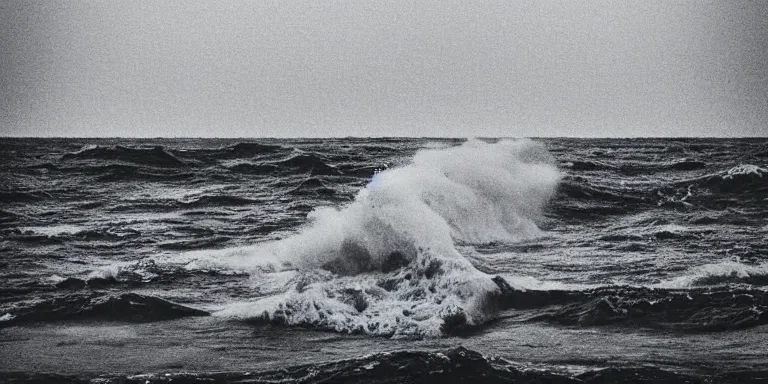 Prompt: a black and white photo of a stormy ocean with a single small boat in the waves, an album cover by hallsteinn sigurðsson, trending on behance, optical illusion, chillwave, concert poster, poster art, geometric, noise