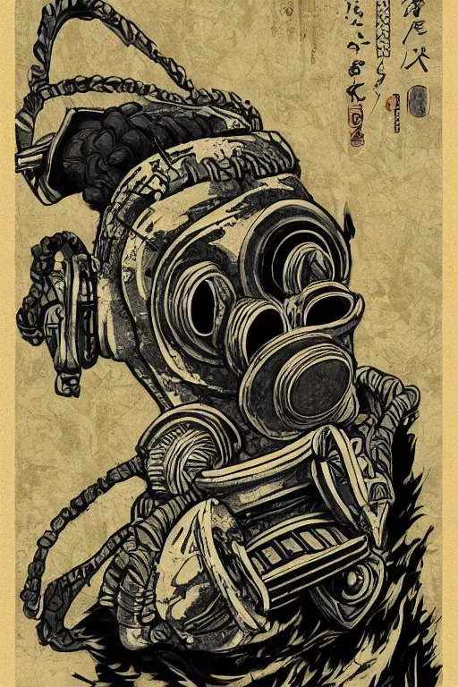 Prompt: Gas mask in Ukiyo-e style, haunting + insanely detailed and intricate, movie poster style, Trending on artstation, artstationHD, artstationHQ, 4k, 8k