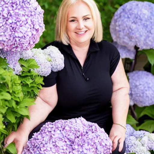 Prompt: 5 0 year old mildly overweight blonde woman, welcoming grin, wearing black, surrounded by hydrangeas, small white dog at her side, portrait, headshot, detailed, high quality