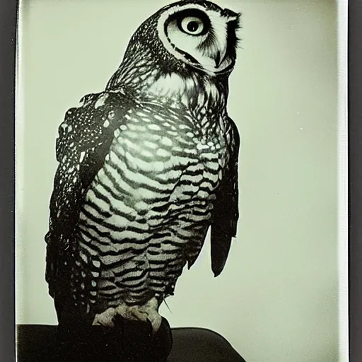 Prompt: paranormal polaroid of a singular gigant owl perched on the bed headboard