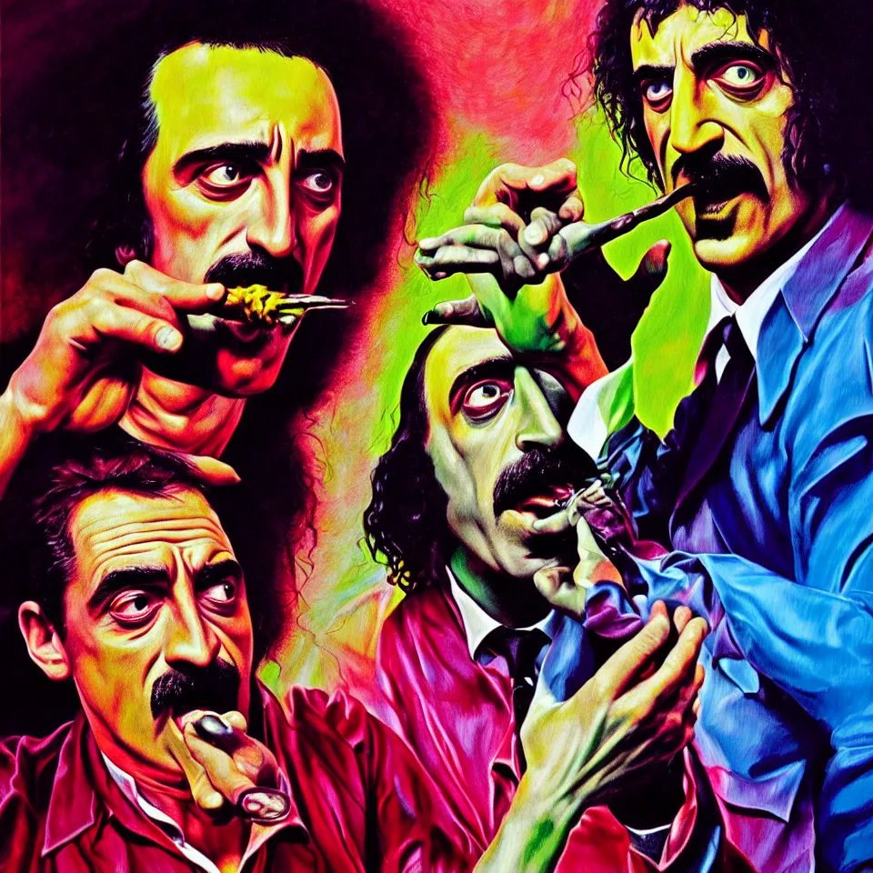 Image similar to bright psychedelic mike patton eating frank zappa who is puking hitler, diffuse lighting, fantasy, intricate, elegant, highly detailed, lifelike, photorealistic, digital painting, artstation, illustration, concept art, smooth, sharp focus, art by francis bacon