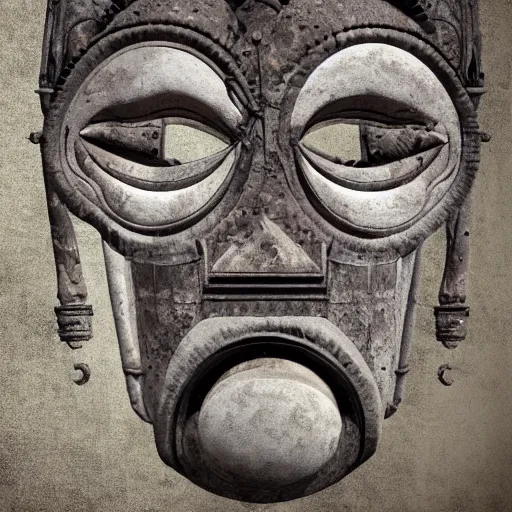 Prompt: a painting of an ominous dark ancient mask. worn out photography. sepia. cracks. hyper - detailed. gothic steampunk baroque. symmetric. epic. hyper - realistic. unreal render.