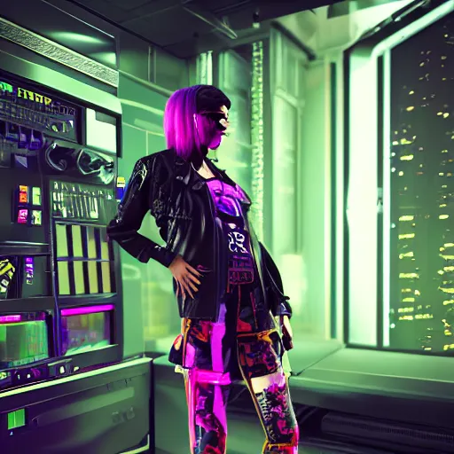 Image similar to a digital illustration of a cyberpunk fashion girl wearing street urban futuristic cyberpunk clothing in the interior of a cyberpunk lab, inside there are drones and robots and a vending machine with neon lighting and foggy environment by craig mullins, 3d scene, render, ultra realistic, ray tracing, night time, volumetric light, artstation, cgsociety, level design, unreal engine, 3d scene, zenith view