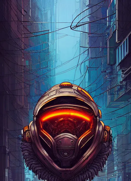 Prompt: a lion cyborg helmet in a cyberpunk city abandoned by dan mumford, sketch!! center frame singular high fantasy character concept art symmetrical features, digital painting, sharp focus, illustration