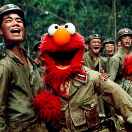 Image similar to elmo in the movie platoon 4k, high detail, high-resolution photograph, gory, war, vietnam