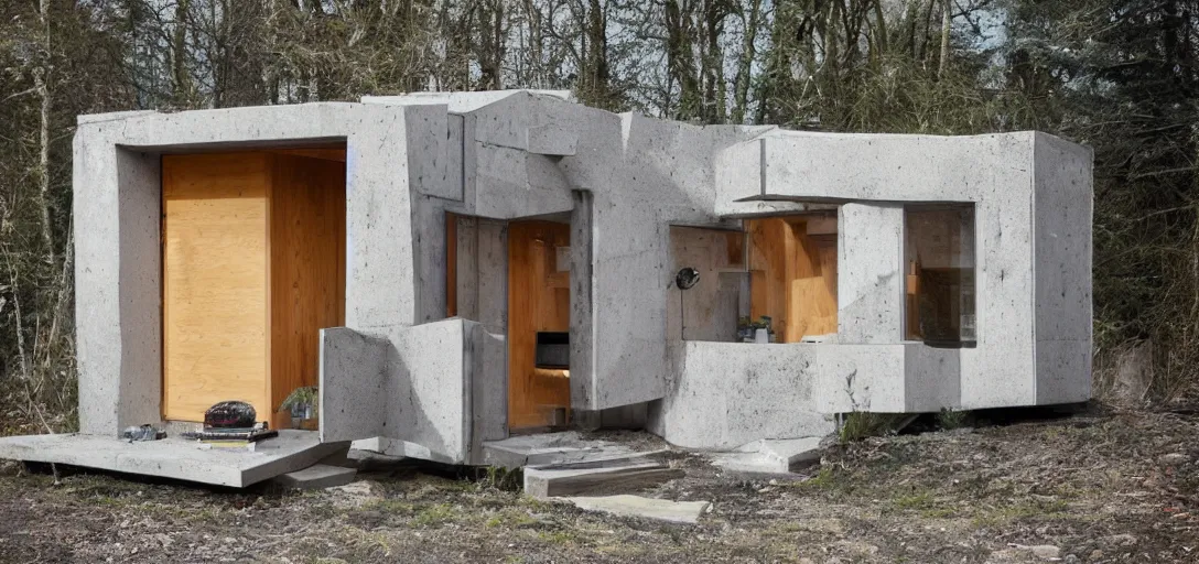 Image similar to brutalist tiny home made of stone