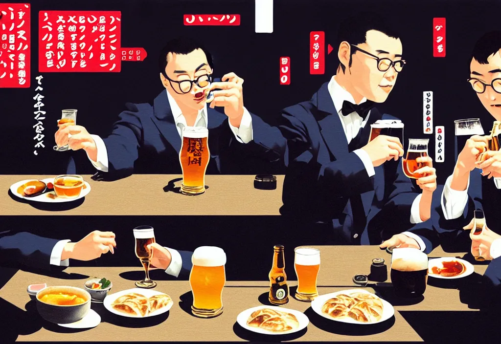 Image similar to two businessmen eating gyoza and drinking beer at an outdoor table in nighttime izakaya in shinbashi tokyo, japan, a collage painting, in the style of wes anderson, lola dupre, david hockney, isolated on negative white space background dark monochrome fluorescent neon spraypaint accents volumetric octane render