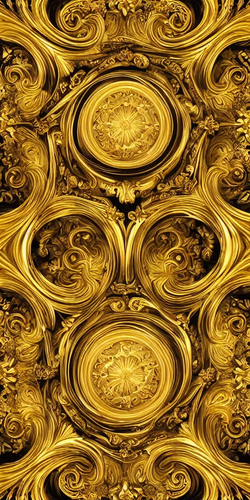 Image similar to the source of future growth dramatic, elaborate emotive Golden Baroque and Rococo styles to emphasise beauty as a transcendental, seamless pattern, symmetrical, large motifs, sistine chapel ceiling, 8k image, supersharp, spirals and swirls, Gold black rainbow and white colors, perfect symmetry, 3D, no blur, sharp focus, photorealistic, insanely detailed and intricate, cinematic lighting, Octane render, epic scene, 8K